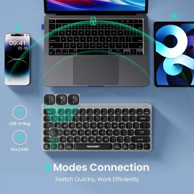 Alt view image 2 of 7 - Wireless Bluetooth Keyboard, Slim Rechargeable Keyboard (2.4G+BT 5.0), Multi-Device Easy-Switch, Quiet Typing, Silent Mini Portable Cordless USB Computer Keyboards for Windows Laptop PC, Gray