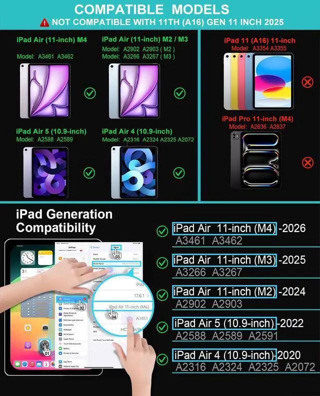 Alt view image 6 of 6 - iPad Air 11-inch/Air 5th 4th Generation Keyboard Case, Bluetooth Keyboard with Folio Full Protection Case for Apple iPad Air 11 M4/M3/M2 (2026/2025/2024), Air 5/Air 4
