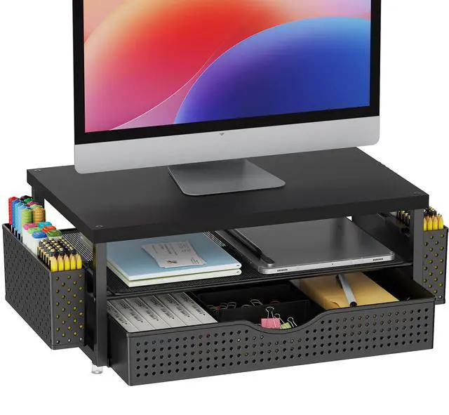 Main image of Wood Monitor Stand Riser, Office Desk Shelf Organizer, Desk Organizer with Drawer and Pen Holder, 2-Tier Computer Stand, Office Organization (Ink)