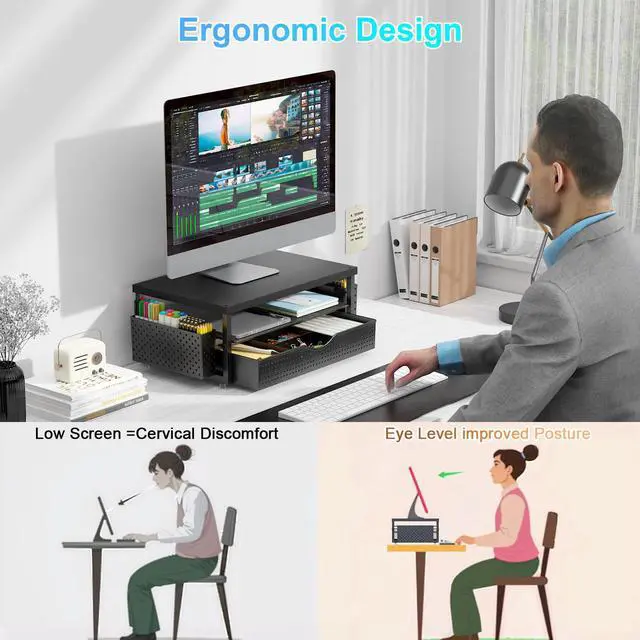Alt view image 2 of 7 - Wood Monitor Stand Riser, Office Desk Shelf Organizer, Desk Organizer with Drawer and Pen Holder, 2-Tier Computer Stand, Office Organization (Ink)