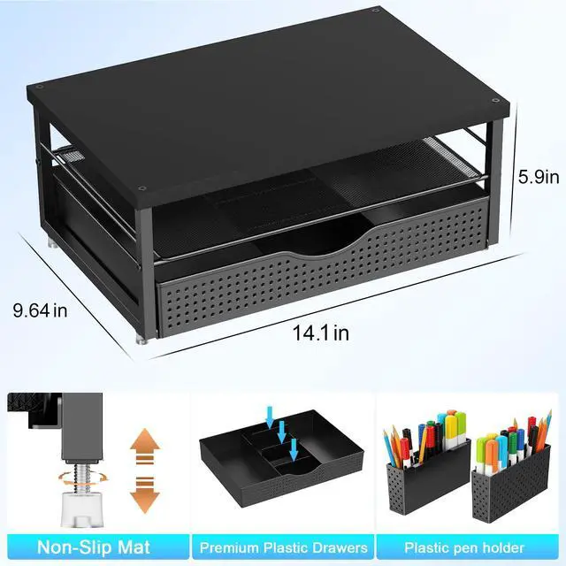 Alt view image 4 of 7 - Wood Monitor Stand Riser, Office Desk Shelf Organizer, Desk Organizer with Drawer and Pen Holder, 2-Tier Computer Stand, Office Organization (Ink)
