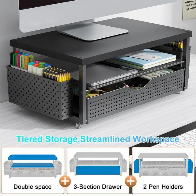 Alt view image 5 of 7 - Wood Monitor Stand Riser, Office Desk Shelf Organizer, Desk Organizer with Drawer and Pen Holder, 2-Tier Computer Stand, Office Organization (Ink)
