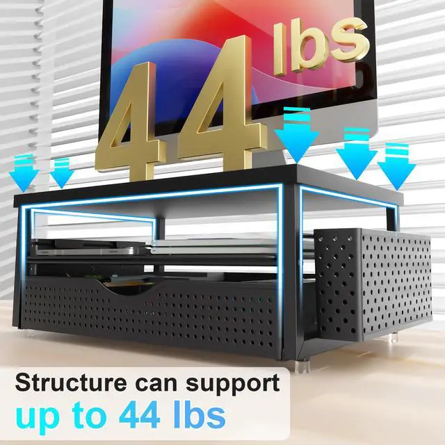 Alt view image 6 of 7 - Wood Monitor Stand Riser, Office Desk Shelf Organizer, Desk Organizer with Drawer and Pen Holder, 2-Tier Computer Stand, Office Organization (Ink)