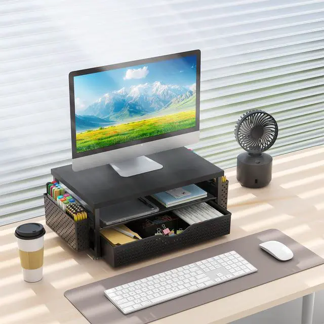 Alt view image 7 of 7 - Wood Monitor Stand Riser, Office Desk Shelf Organizer, Desk Organizer with Drawer and Pen Holder, 2-Tier Computer Stand, Office Organization (Ink)
