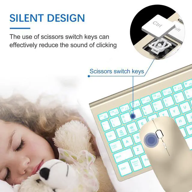 Alt view image 2 of 6 - Wireless Keyboard and Mouse Ultra Slim Combo, 2.4G Silent Compact USB 2400DPI Mouse and Scissor Switch Backlit Keyboard Set, for PC/Laptop/Windows/Mac/Gaming - Gold White