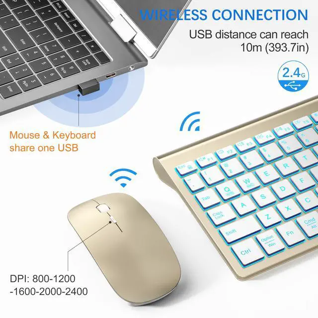 Alt view image 4 of 6 - Wireless Keyboard and Mouse Ultra Slim Combo, 2.4G Silent Compact USB 2400DPI Mouse and Scissor Switch Backlit Keyboard Set, for PC/Laptop/Windows/Mac/Gaming - Gold White