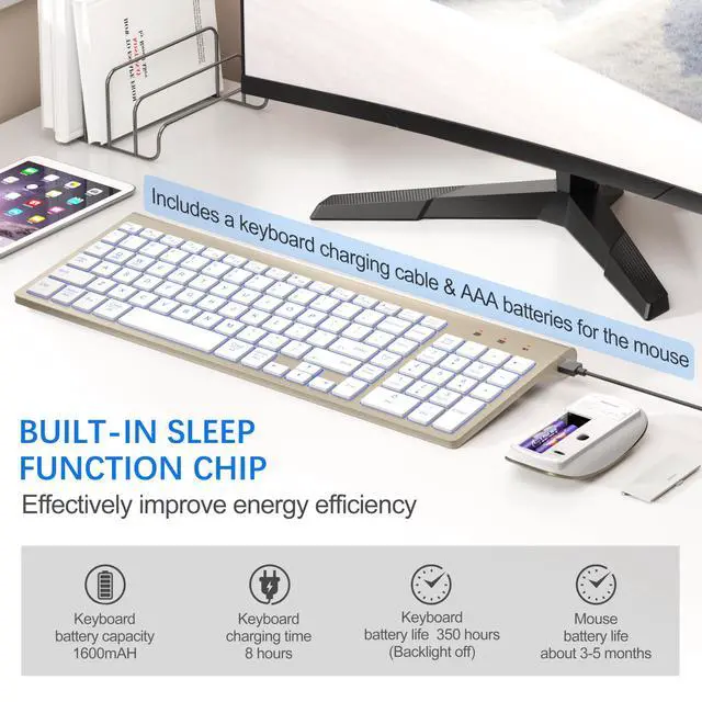 Alt view image 5 of 6 - Wireless Keyboard and Mouse Ultra Slim Combo, 2.4G Silent Compact USB 2400DPI Mouse and Scissor Switch Backlit Keyboard Set, for PC/Laptop/Windows/Mac/Gaming - Gold White