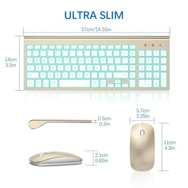 Alt view image 6 of 6 - Wireless Keyboard and Mouse Ultra Slim Combo, 2.4G Silent Compact USB 2400DPI Mouse and Scissor Switch Backlit Keyboard Set, for PC/Laptop/Windows/Mac/Gaming - Gold White