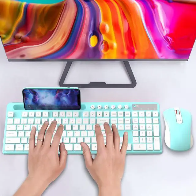 Alt view image 7 of 7 - Wireless Keyboard and Mouse Combo, MARVO 2.4G Ergonomic Wireless Computer Keyboard with Phone Tablet Holder, Silent Mouse with 6 Button, Compatible with MacBook, Windows (Blue)