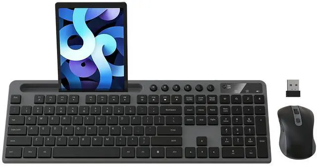 Main image of Wireless Keyboard and Mouse Combo, 2.4G Ergonomic Wireless Computer Keyboard with Phone Tablet Holder, Silent Mouse with 6 Button, Compatible with MacBook, Windows (Grey)
