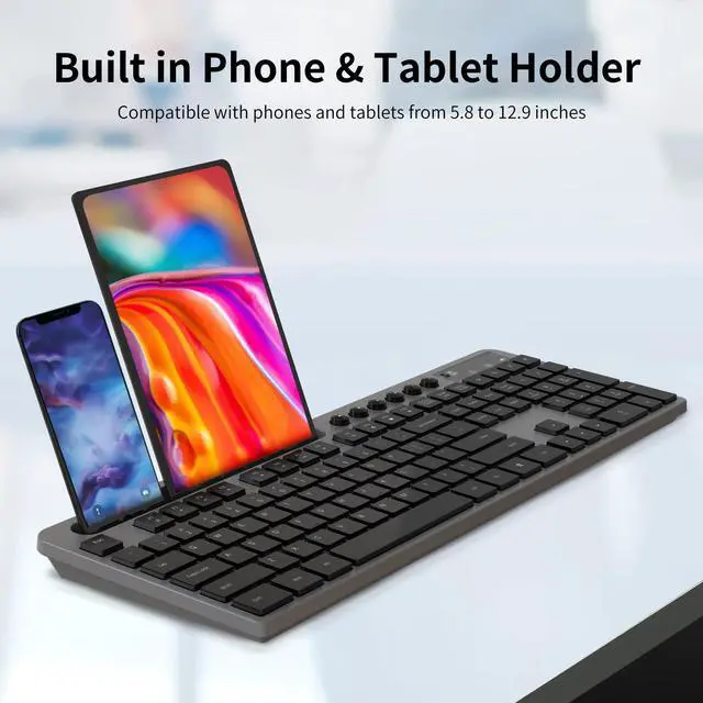 Alt view image 3 of 7 - Wireless Keyboard and Mouse Combo, 2.4G Ergonomic Wireless Computer Keyboard with Phone Tablet Holder, Silent Mouse with 6 Button, Compatible with MacBook, Windows (Grey)