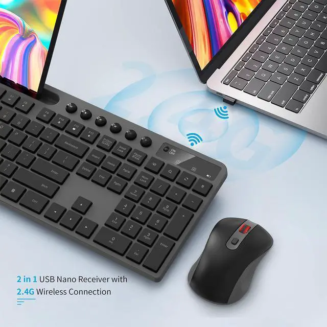 Alt view image 5 of 7 - Wireless Keyboard and Mouse Combo, 2.4G Ergonomic Wireless Computer Keyboard with Phone Tablet Holder, Silent Mouse with 6 Button, Compatible with MacBook, Windows (Grey)