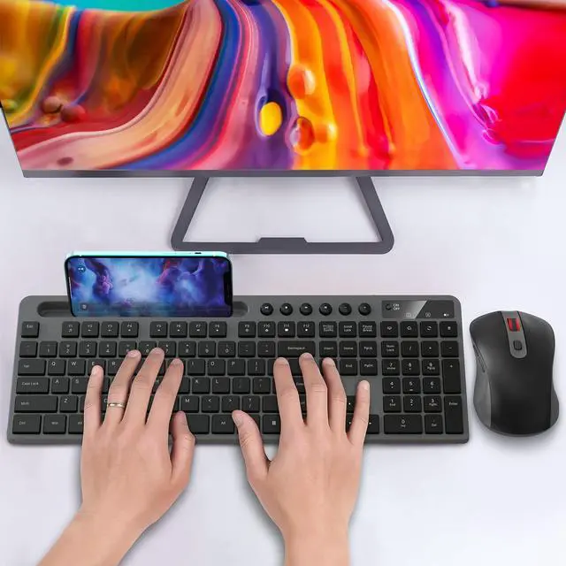 Alt view image 7 of 7 - Wireless Keyboard and Mouse Combo, 2.4G Ergonomic Wireless Computer Keyboard with Phone Tablet Holder, Silent Mouse with 6 Button, Compatible with MacBook, Windows (Grey)