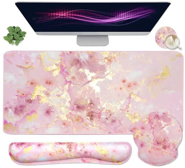 Main image of 4-in-1 Gaming Mouse Pad Wrist Support SetDesk Pad + Mouse Pad with Wrist Rest + Keyboard Wrist Rest + Coaster, Ergonomic Design for Home Office Study Game - Pink