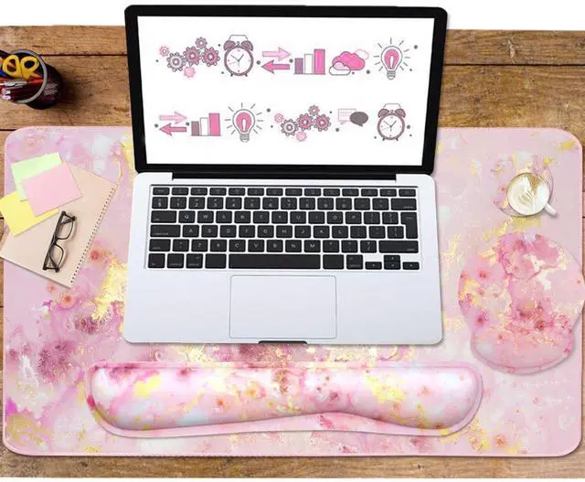 Alt view image 5 of 6 - 4-in-1 Gaming Mouse Pad Wrist Support SetDesk Pad + Mouse Pad with Wrist Rest + Keyboard Wrist Rest + Coaster, Ergonomic Design for Home Office Study Game - Pink