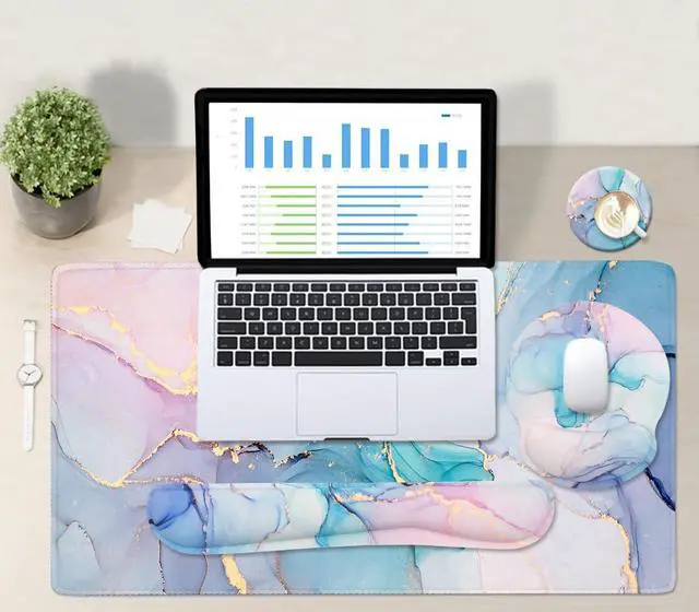 Alt view image 6 of 7 - 4-in-1 Gaming Mouse Pad Wrist Support SetDesk Pad + Mouse Pad with Wrist Rest + Keyboard Wrist Rest + Coaster, Ergonomic Design for Home Office Study Game - Blue Marble