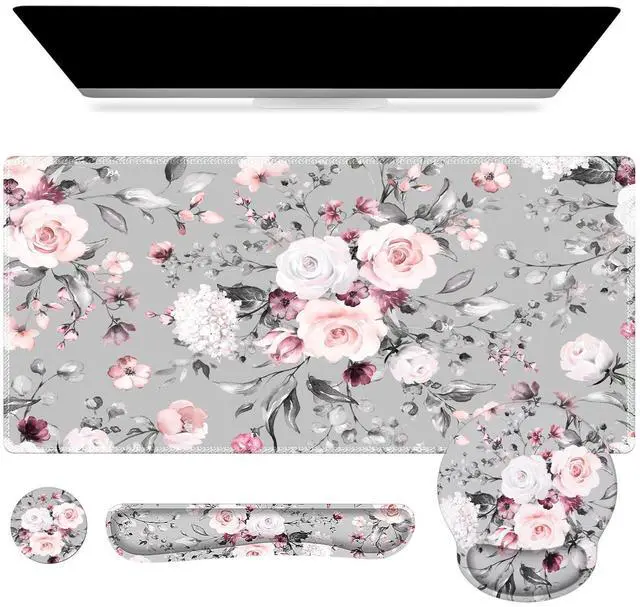 Main image of Large Mouse Pad Wrist Support Set, 4in1 XXL Big Mousepad + Keyboard Wrist Rest + Mouse Wrist Rest + Coaster Set with Ergonomic Design Gaming Mat for Home Office Table Computer - Pink Floral