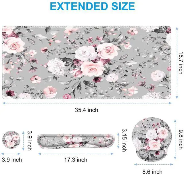 Alt view image 2 of 7 - Large Mouse Pad Wrist Support Set, 4in1 XXL Big Mousepad + Keyboard Wrist Rest + Mouse Wrist Rest + Coaster Set with Ergonomic Design Gaming Mat for Home Office Table Computer - Pink Floral