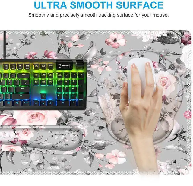 Alt view image 5 of 7 - Large Mouse Pad Wrist Support Set, 4in1 XXL Big Mousepad + Keyboard Wrist Rest + Mouse Wrist Rest + Coaster Set with Ergonomic Design Gaming Mat for Home Office Table Computer - Pink Floral