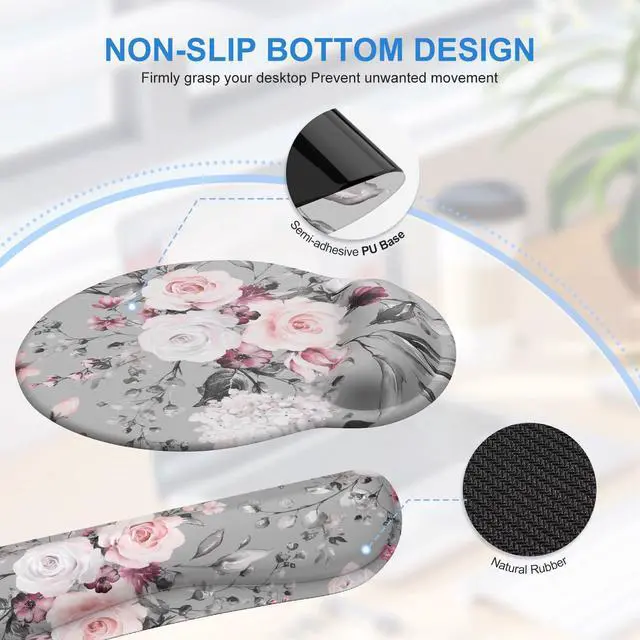 Alt view image 6 of 7 - Large Mouse Pad Wrist Support Set, 4in1 XXL Big Mousepad + Keyboard Wrist Rest + Mouse Wrist Rest + Coaster Set with Ergonomic Design Gaming Mat for Home Office Table Computer - Pink Floral