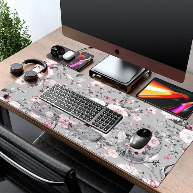 Alt view image 7 of 7 - Large Mouse Pad Wrist Support Set, 4in1 XXL Big Mousepad + Keyboard Wrist Rest + Mouse Wrist Rest + Coaster Set with Ergonomic Design Gaming Mat for Home Office Table Computer - Pink Floral