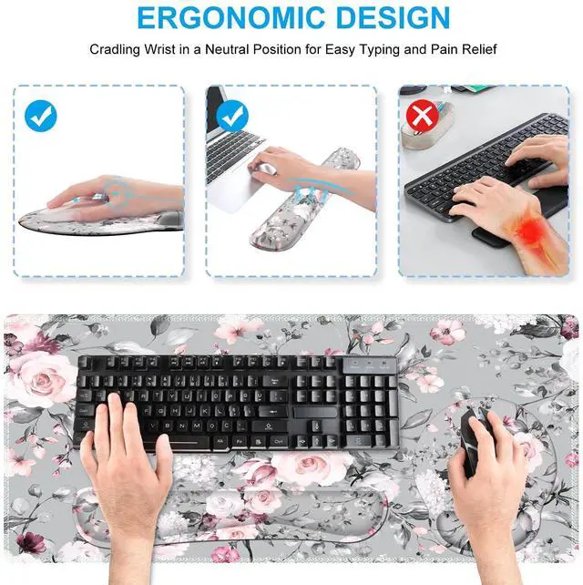 Alt view image 3 of 7 - Large Mouse Pad Wrist Support Set, 4in1 XXL Big Mousepad + Keyboard Wrist Rest + Mouse Wrist Rest + Coaster Set with Ergonomic Design Gaming Mat for Home Office Table Computer - Pink Floral