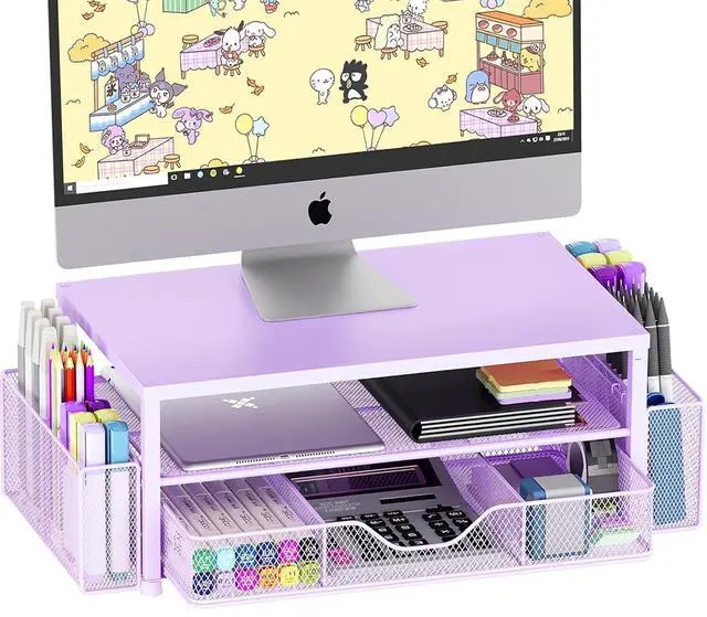 Main image of Desk Organizers and Accessories, 2-Tier Computer Monitor Stand Riser with Drawer and 2 Pen Holders, Laptop Stand, Office Desk Accessories & Office Decor for Women, Purple