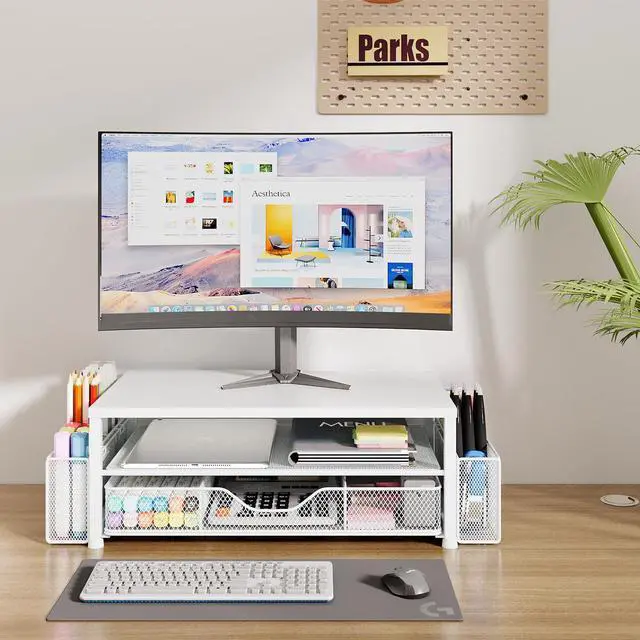 Alt view image 2 of 7 - Desk Organizers and Accessories, 2-Tier Computer Monitor Stand Riser with Drawer and 2 Pen Holders, Laptop Stand, Office Desk Accessories for Office Supplies, White