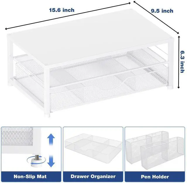 Alt view image 3 of 7 - Desk Organizers and Accessories, 2-Tier Computer Monitor Stand Riser with Drawer and 2 Pen Holders, Laptop Stand, Office Desk Accessories for Office Supplies, White