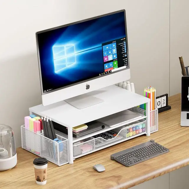 Alt view image 5 of 7 - Desk Organizers and Accessories, 2-Tier Computer Monitor Stand Riser with Drawer and 2 Pen Holders, Laptop Stand, Office Desk Accessories for Office Supplies, White
