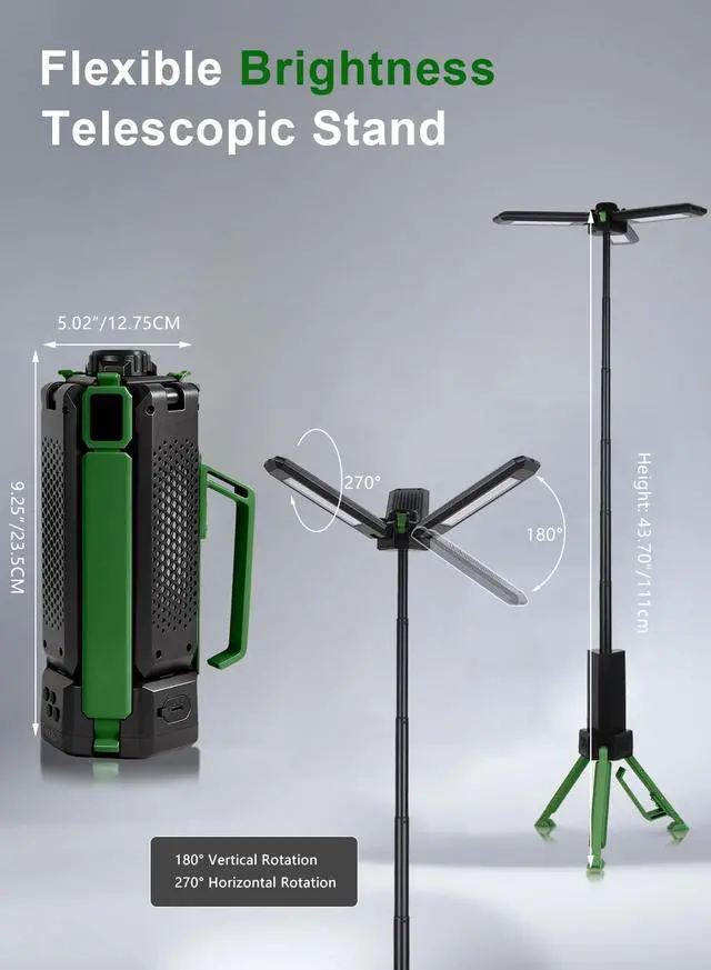 Alt view image 2 of 7 - 15000mAh Rechargeable Telescopic Camping Light, Portable Flashlight & Lantern with Reinforced Tripod Base, Height Adjustable Dimmable Tent Light, Power Bank for Outdoor BBQ, Hiking, Job Site, Green