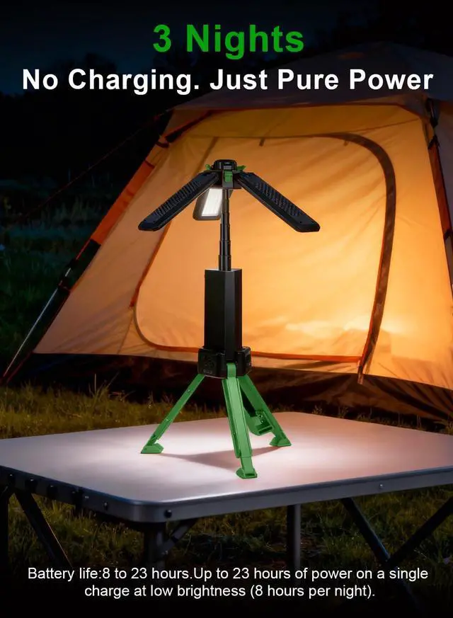 Alt view image 3 of 7 - 15000mAh Rechargeable Telescopic Camping Light, Portable Flashlight & Lantern with Reinforced Tripod Base, Height Adjustable Dimmable Tent Light, Power Bank for Outdoor BBQ, Hiking, Job Site, Green