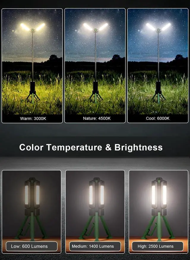 Alt view image 4 of 7 - 15000mAh Rechargeable Telescopic Camping Light, Portable Flashlight & Lantern with Reinforced Tripod Base, Height Adjustable Dimmable Tent Light, Power Bank for Outdoor BBQ, Hiking, Job Site, Green