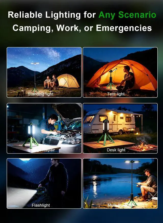Alt view image 7 of 7 - 15000mAh Rechargeable Telescopic Camping Light, Portable Flashlight & Lantern with Reinforced Tripod Base, Height Adjustable Dimmable Tent Light, Power Bank for Outdoor BBQ, Hiking, Job Site, Green