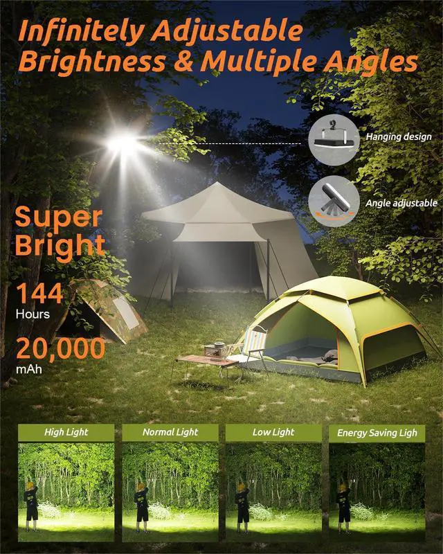 Alt view image 2 of 7 - LED Camping Lantern Rechargeable, 20000mAh Portable Camping Lights up to 144 Hours & 4 Light Modes, IPX5 Waterproof Camping Essentials for Power Outages, Emergency, Tent, Gift for Men