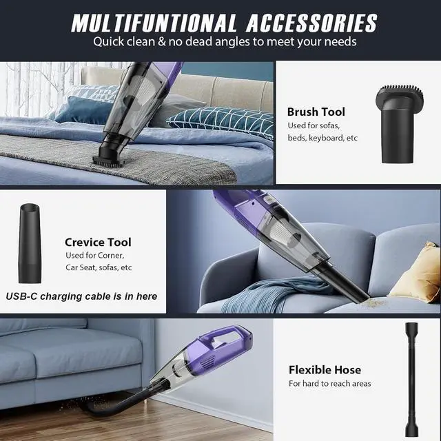 Alt view image 2 of 7 - Handheld Vacuum Cordless Car Vac Portable with 8KPA & Multi Accessories & Low Noise, Lightweight Hand Held Vacuum Cordless Rechargeable for Car/Home/Dust/Pet Hair, Mine Portable Vacuum