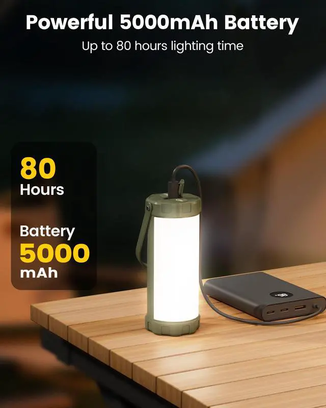 Alt view image 5 of 7 - 106 LED Camping Lights, Up to 80Hrs, 5000mAh Camping Lantern Rechargeable with 5 Brightness 3 Modes & SOS, IP68 Waterproof, Max 1200LM, Lanterns for Power Outages Hiking Emergency Hurricane