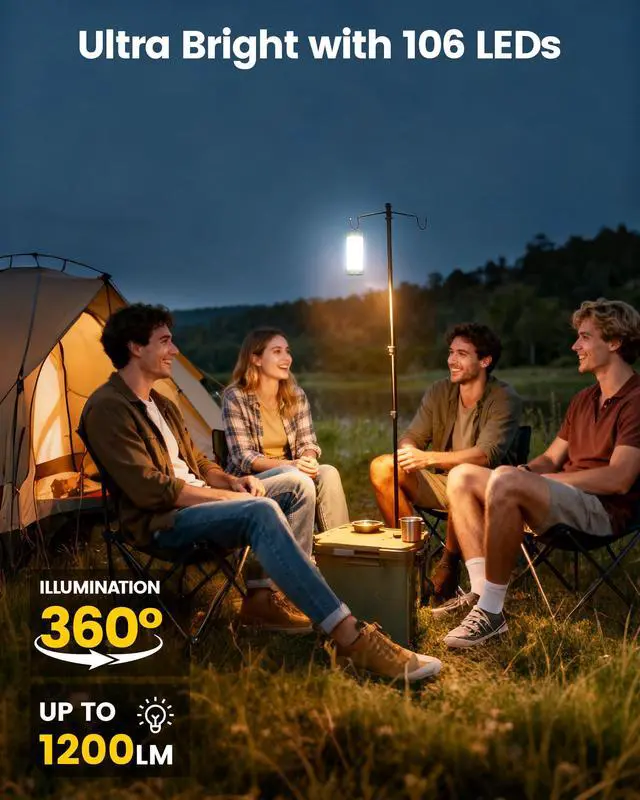 Alt view image 2 of 7 - 106 LED Camping Lights, Up to 80Hrs, 5000mAh Camping Lantern Rechargeable with 5 Brightness 3 Modes & SOS, IP68 Waterproof, Max 1200LM, Lanterns for Power Outages Hiking Emergency Hurricane