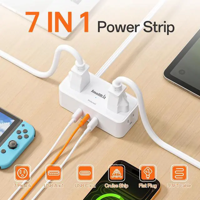 Alt view image 2 of 7 - Power Strip with USB, 2 Pcs Flat Extension Cord with Multiple Outlets3.3FT Flat Plug Power Bar with 4 Outlet Extender for Travel, Hotel, Dorm, Cruise Eessentials, No Surge Protection, White