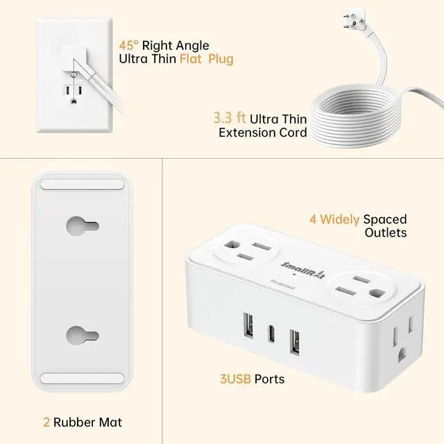 Alt view image 6 of 7 - Power Strip with USB, 2 Pcs Flat Extension Cord with Multiple Outlets3.3FT Flat Plug Power Bar with 4 Outlet Extender for Travel, Hotel, Dorm, Cruise Eessentials, No Surge Protection, White