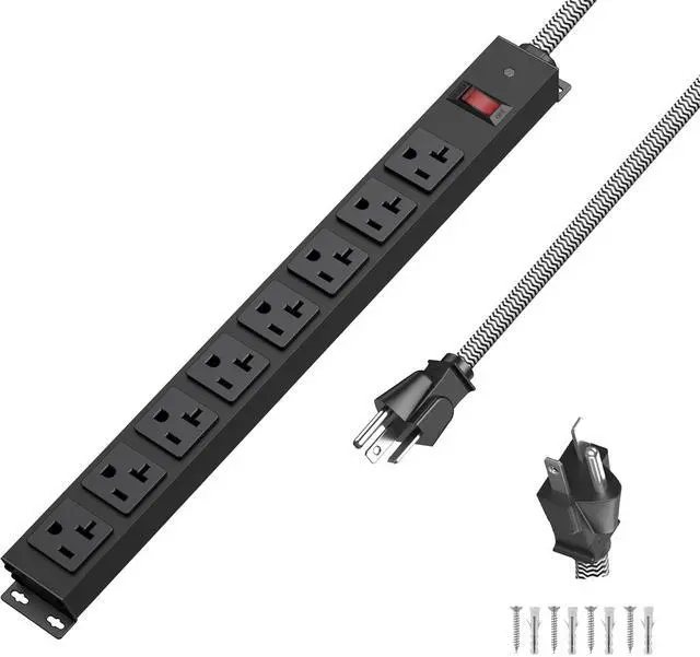 Main image of 20 Amp Power Strip Heavy Duty, 12 Gauge Extension Cord for Appliance Workbench Garage Industrial, Metal 8 Outlets Combine with T-Plug Adapter 5-20R T-Slot, 1200J Surge Protector
