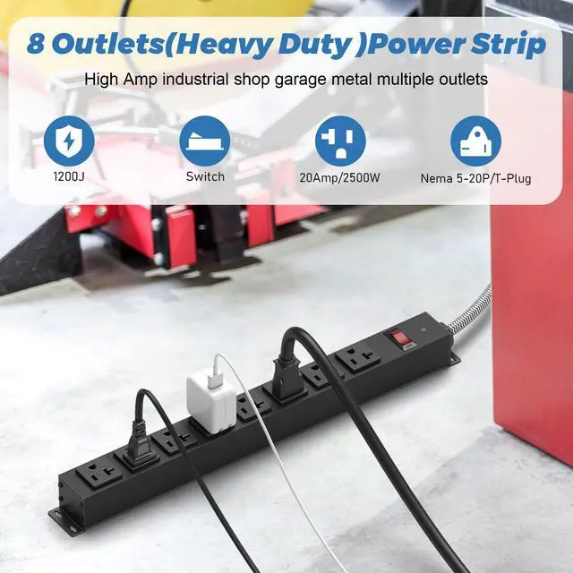 Alt view image 3 of 7 - 20 Amp Power Strip Heavy Duty, 12 Gauge Extension Cord for Appliance Workbench Garage Industrial, Metal 8 Outlets Combine with T-Plug Adapter 5-20R T-Slot, 1200J Surge Protector