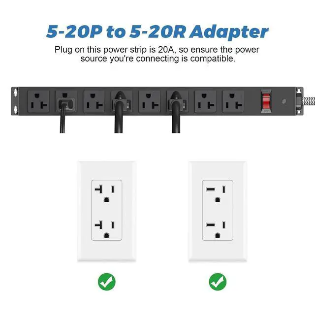 Alt view image 6 of 7 - 20 Amp Power Strip Heavy Duty, 12 Gauge Extension Cord for Appliance Workbench Garage Industrial, Metal 8 Outlets Combine with T-Plug Adapter 5-20R T-Slot, 1200J Surge Protector