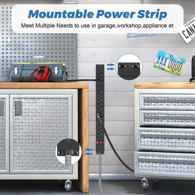 Alt view image 4 of 7 - 20 Amp Power Strip Heavy Duty, 12 Gauge Extension Cord for Appliance Workbench Garage Industrial, Metal 8 Outlets Combine with T-Plug Adapter 5-20R T-Slot, 1200J Surge Protector