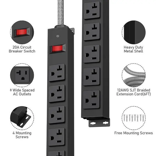 Alt view image 2 of 7 - 20 Amp Power Strip Heavy Duty, 12 Gauge Extension Cord for Appliance Workbench Garage Industrial, Metal 8 Outlets Combine with T-Plug Adapter 5-20R T-Slot, 1200J Surge Protector