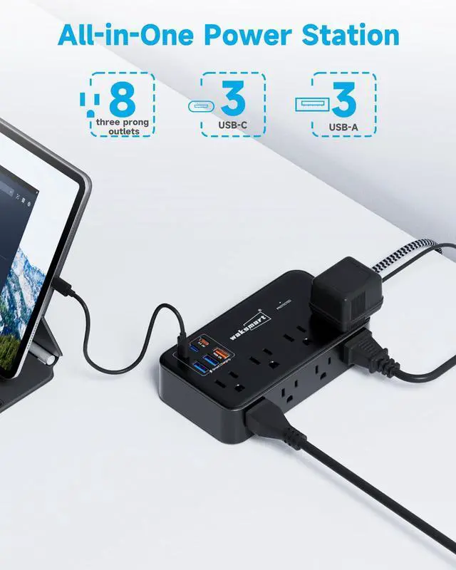 Alt view image 3 of 7 - PD45W USB C Charger, Surge Protector Power Strip (2800J), 8 AC Outlets with 6 USB Ports (3 USB-C), 5ft Braided Cord, 45W Charging Station for MacBook, Laptops, iPad, iPhone, ETL Listed