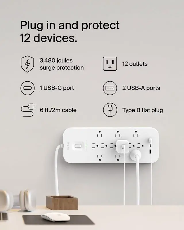 Alt view image 2 of 7 - 12-Outlet Surge Protector Power Strip w/ 12 AC Outlets, 2 USB-A Ports and 1 USB-C Port, 6ft Cable, UL-listed w/ Overload & Overvoltage Protection + On/Off Switch - 3,480 Joules of Protection