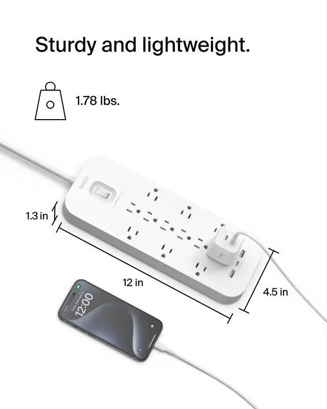 Alt view image 4 of 7 - 12-Outlet Surge Protector Power Strip w/ 12 AC Outlets, 2 USB-A Ports and 1 USB-C Port, 6ft Cable, UL-listed w/ Overload & Overvoltage Protection + On/Off Switch - 3,480 Joules of Protection