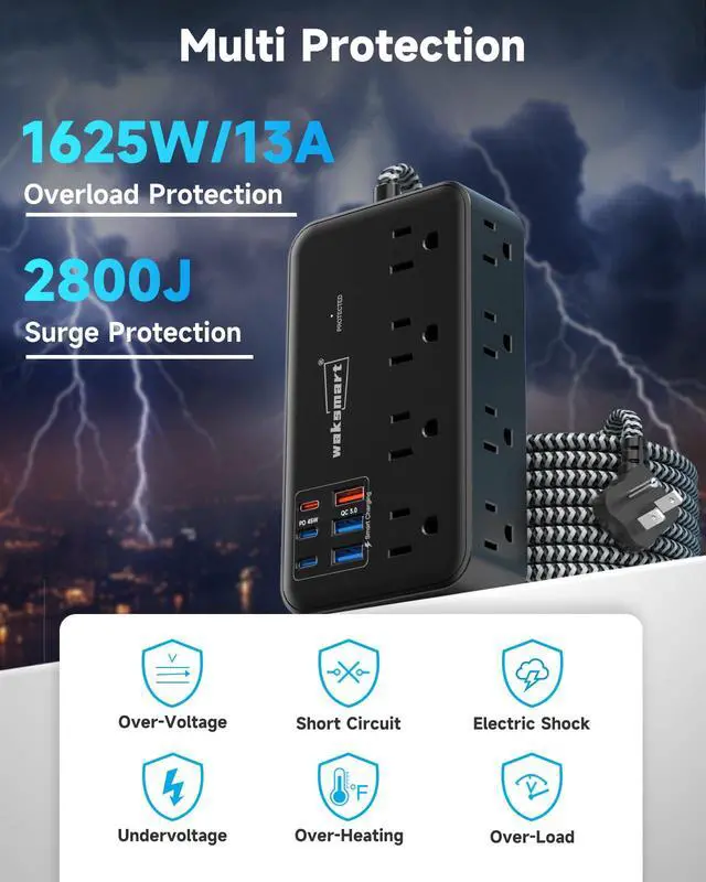 Alt view image 6 of 7 - PD45W USB C Charger, Surge Protector Power Strip (2800J), 8 AC Outlets with 6 USB Ports (3 USB-C), 5ft Braided Cord, 45W Charging Station for MacBook, Laptops, iPad, iPhone, ETL Listed