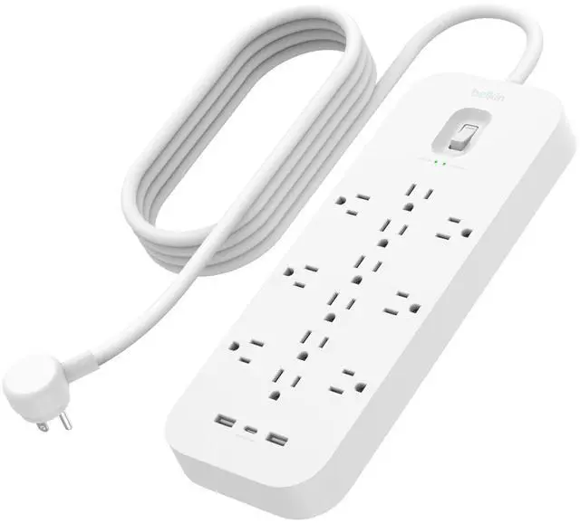 Main image of 12-Outlet Surge Protector Power Strip w/ 12 AC Outlets, 2 USB-A Ports and 1 USB-C Port, 6ft Cable, UL-listed w/ Overload & Overvoltage Protection + On/Off Switch - 3,480 Joules of Protection